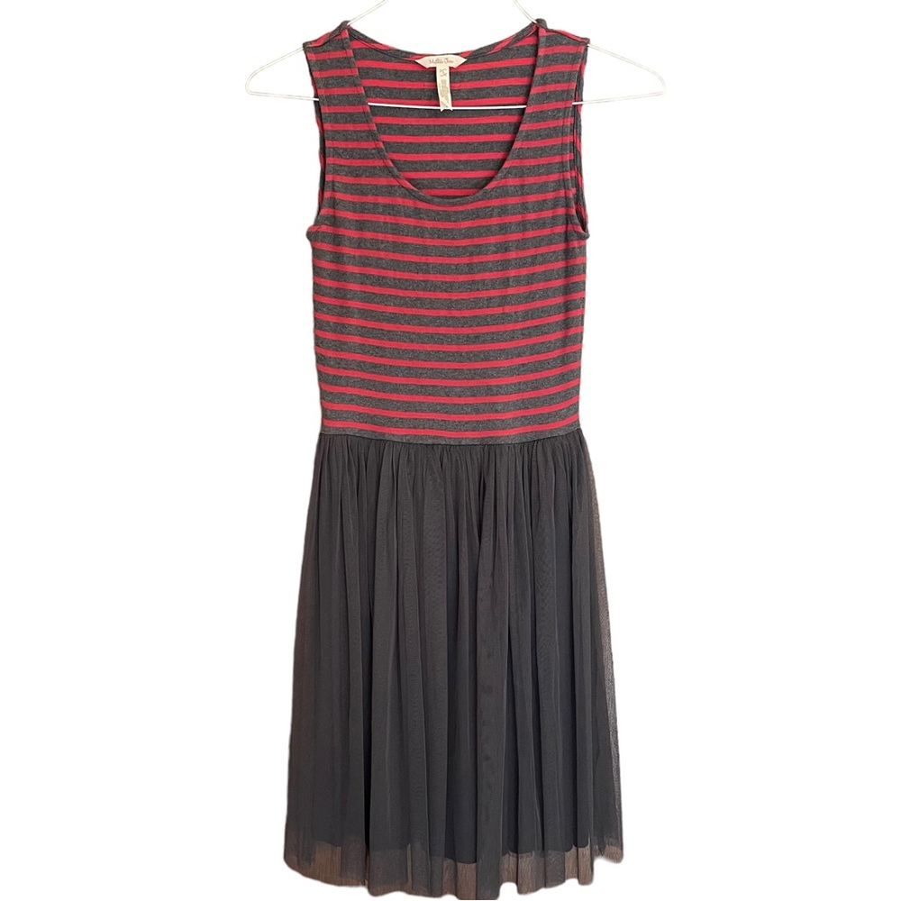 Matilda Jane Dress With Red And Gray Striped Bodice And Gray Tulle Skirt